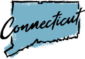 Picture of the state map of Connecticut with the word Connecticut written in cursive. 