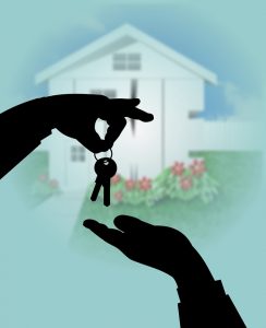 Picture of a house with a Mortgage Broker handing the keys to the new homeowner. 